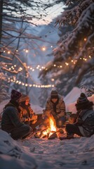 Wall Mural - a group of people sitting around a fire in the snow