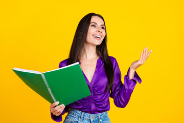 Poster - Photo of lady hold notebook speaking look profile side isolated bright color background