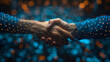 © Karo - Business handshake on a blue digital cyber background, business collaboration.