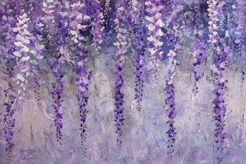 Sticker - Cascading wisteria blossoms in shades of lavender painted on a wall, Cascading wisteria blossoms in shades of lavender and lilac