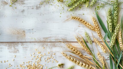 Poster - Vintage rustic background with green wheat rye oats on white wooden board top view