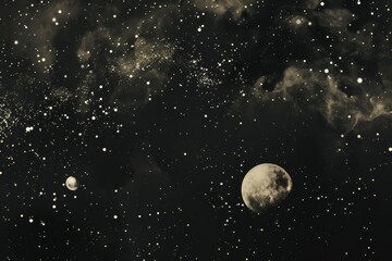 Wall Mural - black and white photo of the moon and stars twinkling in a dark night sky, celestial bodies twinklin