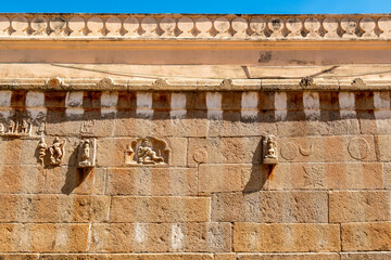 Sticker - The striped stone wall of the ancient Jain temple on Vindhyagiri hill in Shravanabelagola.