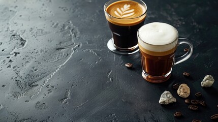 Canvas Print - Different coffee beverages on dark shiny surface Espresso and Irish coffee in glass cups Space for text