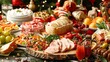 © Neuro architect - Festive dining table setup with various delicious holiday food items and drinks for Christmas celebration concept