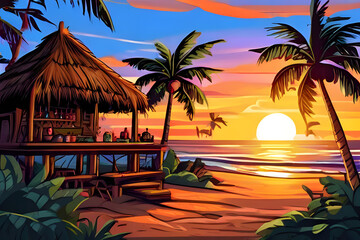 Sticker - A thatched tiki bar and wooden hut adorned with tribal masks stand tall against the setting sun. The golden hour casts a magical glow over the sandy beach, inviting relaxation and escape.