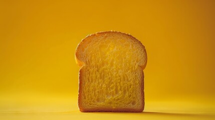 Slice of fresh bread with golden crust isolated on vibrant yellow background, wheat product concept