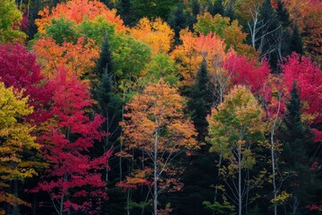 Poster - A forest filled with colorful trees showcasing changing autumn foliage, Changing colors of leaves on trees