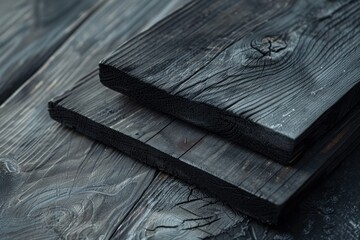 Charred cedar boards with charcoal black finish resting on top of a table, Charred cedar boards with a charcoal black finish