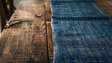 Sticker - Denim fabric runner on wood table with room for text