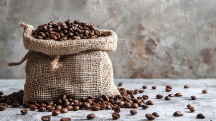 Canvas Print - Coffee beans in sack on pale surface