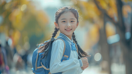 Wall Mural - a Korean girl running to catch the schoolbus, she is wearing a Korean school uniform,generative ai