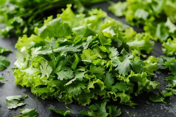 Canvas Print - A bunch of green leafy vegetables, including cilantro and mint, piled on top of a table, Chopped herbs like cilantro and mint sprinkled over a bed of lettuce