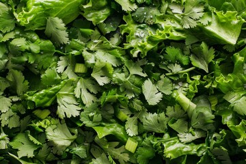 Wall Mural - Close-up of a bunch of various green leafy vegetables, including chopped herbs like cilantro and mint, Chopped herbs like cilantro and mint sprinkled over a bed of lettuce