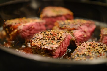 Close-up of chuck eye steak with a peppercorn crust sizzling in a hot pan, Chuck eye steak with a peppercorn crust