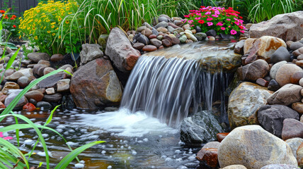 Wall Mural - Scenic waterfall with stones and flowers at house backyard, water in landscaped home garden, landscaping in summer. Concept of nature, background, travel.