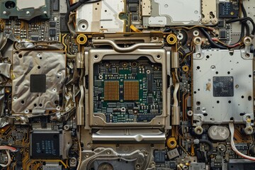 Canvas Print - Detailed view of a computer motherboard with numerous wires connected, Circuit boards exposed in a dismantled smartphone