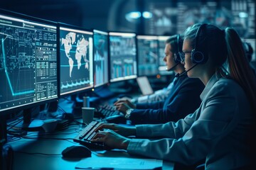 Sticker - A woman wearing headphones sits in front of a computer screen, engaged in work or communication, Collaborating with cybersecurity experts to strengthen defenses against threats