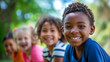 © Laura - Children of different ethnicities playing together in a park, joyful expressions and colorful surroundings, upper third copy space