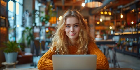 A young startup employee looking straight ahead from her laptop.