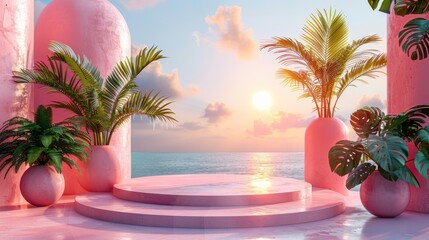 Poster - Tropical Sunset Scene with Pink Platform