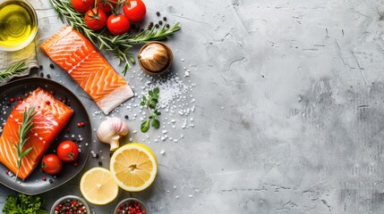 Sticker - Fresh raw fish and vegetables for cooking salmon with lemon and spices in a pan ingredients on concrete background for healthy diet