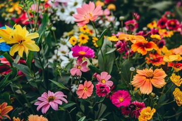 Wall Mural - Colorful mix of blooming flowers scattered in green grass field, Colorful variety of blooming flowers