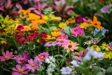 Wall Mural - Colorful assortment of blooming flowers scattered across lush green grass in a natural setting, Colorful variety of blooming flowers