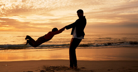 Canvas Print - Dad, son and swing on beach at sunset for family bonding, travel for wellness with energy Father, boy child and playful fun by ocean with sand on vacation, adventure or freedom in Indonesia