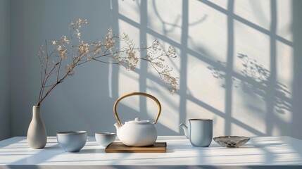 Wall Mural - minimal asian interior design with japanese teapot wooden handle tea cup blue ceramic vase and copy 