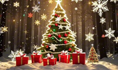 illuminated christmas trees with red and golden garlands into a forest with snowy flakes with shape 