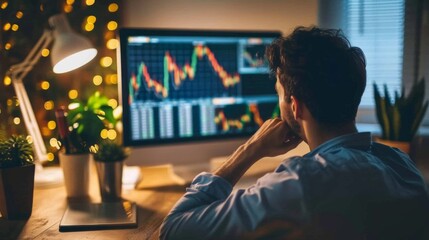 Poster - Investor studying stock market performance charts and graphs in a home office.