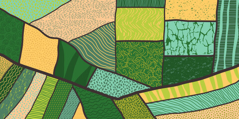 Agriculture field pattern, aerial view. Countryside grassland, farm land from top. Geometric farmland patches, padded mosaic country background, natural patchwork texture. Flat vector illustration