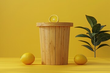 Poster - Lemons and Wooden Bucket on Yellow Background