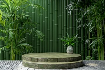 Wall Mural - Green Bamboo Background with Wooden Platform