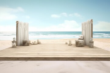 Canvas Print - Wooden Deck with White Curtains on Beach