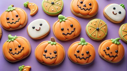 Wall Mural - halloween themed pumpkin gingerbread cookies with kawaii faces on a pastel purple background