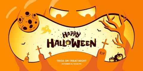 Wall Mural - Happy Halloween party horizontal banner for October 31 event. Creepy carved face on orange Jack O Lantern pumpkin background. Night cemetery silhouette with graves. Trick or Treat holiday eps cover