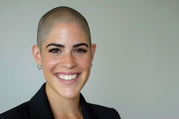 A woman with a shaved head smiles brightly at the camera, wearing a black blazer