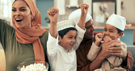 Wall Mural - Muslim family, home and celebration for television in living room, children and Islamic parents with boys together. Popcorn, movie and entertainment with Malaysian people, happy and streaming sports