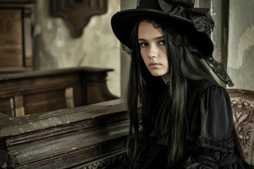 A young woman, dressed in a dark, flowing gown and a wide-brimmed hat, gazes intently from an antique chair within the shadowy interior of an aged building