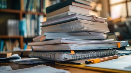 Wall Mural - A stack of books and papers on a desk near a bookshelf