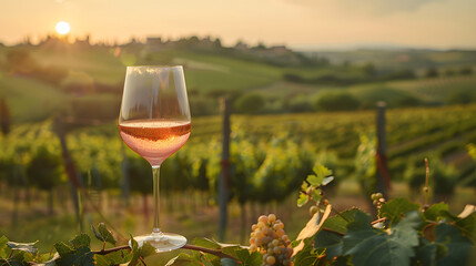 Wall Mural - a chilled glass of rosé wine in a tuscan vineyard,