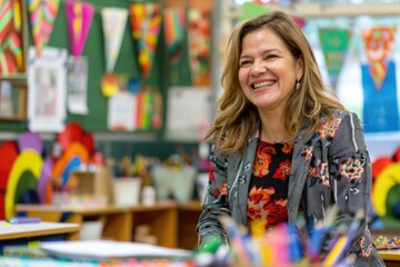 Canvas Print - A woman with a warm smile stands in a classroom, surrounded by colorful decorations and learning materials