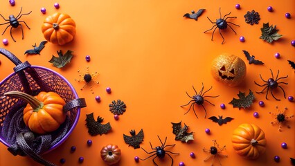 Wall Mural - Top view photo of halloween decorations pumpkin baskets spiders bat silhouettes and violet sequins on isolated orange background with empty space