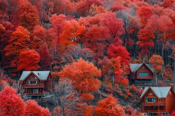 a hillside covered in vibrant red trees, creating a striking visual of natures autumn beauty, cozy c