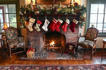 Poster - A cozy living room featuring a fireplace adorned with Christmas stockings, Cozy fireplace with stockings hung