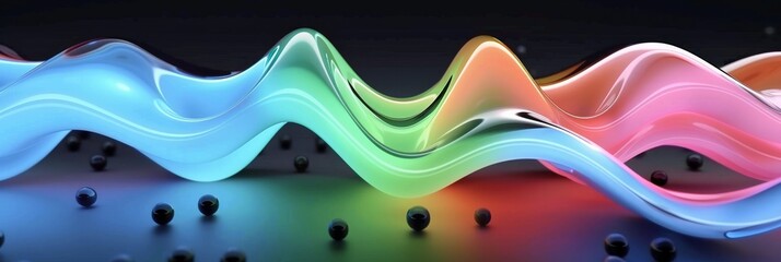 An abstract 3D composition featuring fluid organic shapes that glow with neon colors of blue green pink and orange The shapes have a liquidlike texture with small black bubbles interspersed throughout