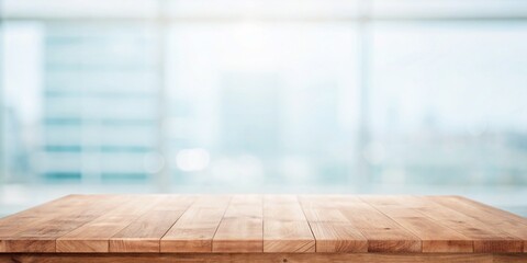 Poster - Empty wooden table top on blurred background, perfect for showcasing food or products.