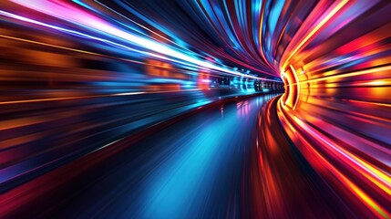 Poster - abstract speed lines through curved neon tunnel